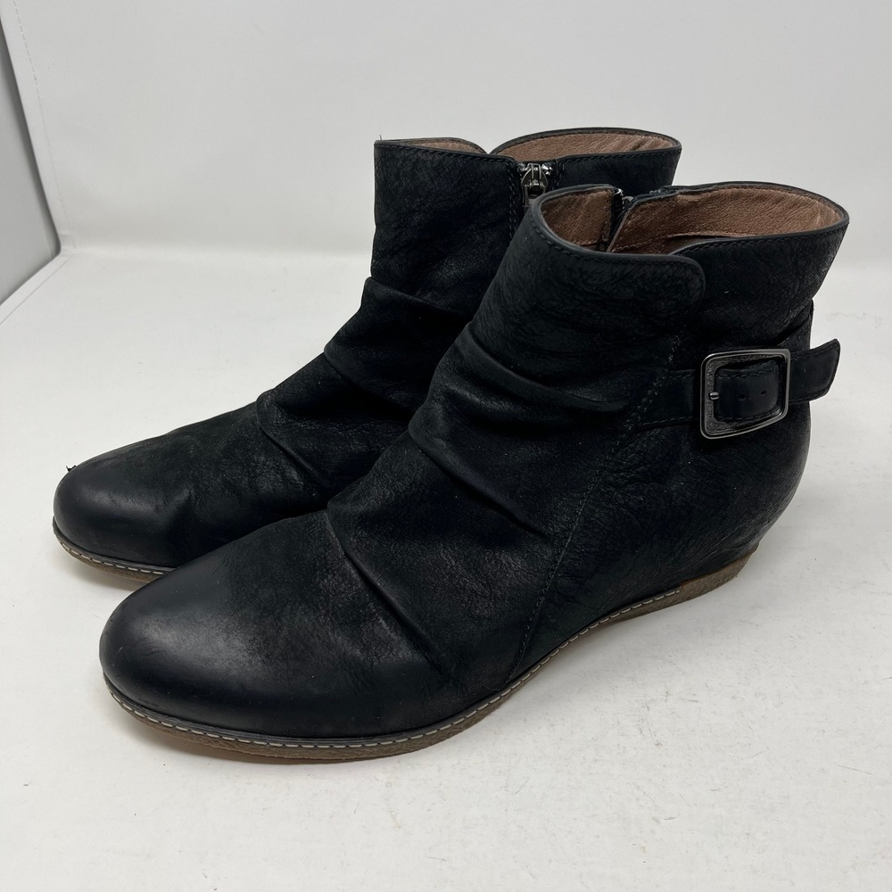Dansko Black Leather Ruched Ankle Boots Buckle Wedge Booties 41‎ 10.5 11